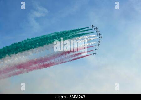 Nazionale Italiana di Acrobazia Squadron, Frecce Tricolori, Air Show 2019, Lignano Sabbiadoro, Lignano, Adria, Friuli Venezia Giulia, Italia Foto Stock