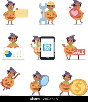 Set di uomo personaggio in festa di zucca di Halloween. Illustrazione Vettoriale