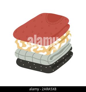 Una pila di vestiti ben piegati isolati su uno sfondo bianco. Illustrazione piatta del vettore Illustrazione Vettoriale