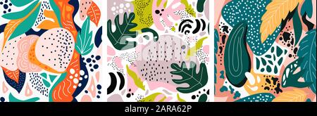 Set di modelli vettoriali moderni astratti senza giunture. Mano disegnato varie forme e doodle oggetti. Ornamenti orizzontali senza fine Illustrazione Vettoriale