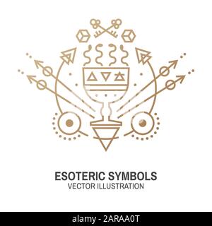 Simboli esoterici. Illustrazione del vettore. Badge geometrico a linea sottile. Icona di contorno per alchimia o geometria sacra. Design mistico e magico con tazza e serpenti. Illustrazione Vettoriale
