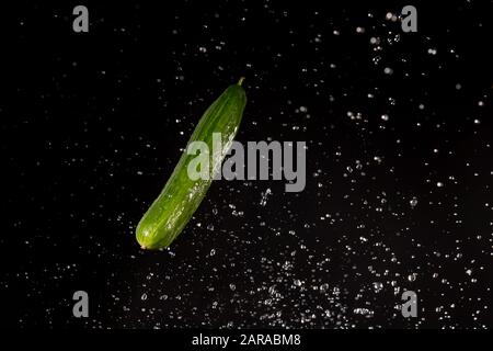 Cetriolo affettato con acqua o esplosione volare in aria isolato su sfondo nero Foto Stock