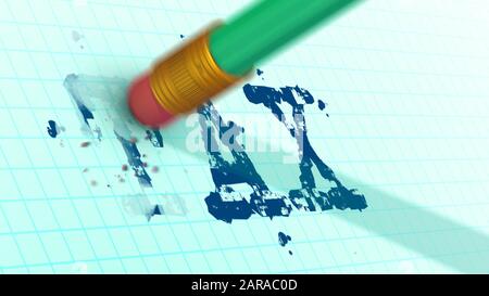 Rendering 3d originale di una matita verde standard con una ghiera e una gomma che allontanano un simbolo blu da un foglio di carta bianco. Sembra sfocato e. Foto Stock