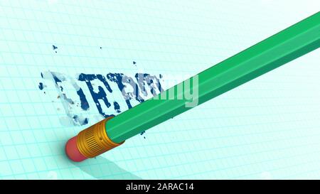 Rendering 3d ottimistico di una matita verde esagonale con una ghiera e cancellatore cancellando parola debito da un foglio bianco con una griglia. Sembra allegro. Foto Stock