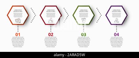 Infografico vettore con 4 esagoni. Utilizzato per quattro diagrammi, grafico, diagramma di flusso, timeline, marketing, presentazione. Azienda creativa concetto passo per Illustrazione Vettoriale