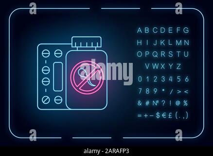 Icona della luce al neon di controllo delle nascite. Prevenzione di gravidanze indesiderate. Contraccettivo orale. Aiuto per la sindrome di Predstrual. Segno incandescente con alfabeto, numeri e. Illustrazione Vettoriale