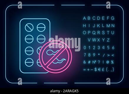 Icona della luce al neon di controllo delle nascite. Pillole contraccettive femminili. Prevenzione non pianificata della gravidanza. Aiuto per la sindrome di Predstrual. Segno incandescente con alfabeto, numb Illustrazione Vettoriale