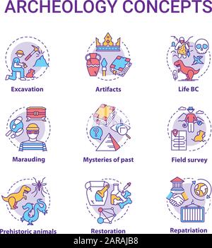 Set di icone di concetto Archelogy. Studiare la storia della civiltà. Tesoro caccia idea sottile linea RGB colori illustrazioni. Contorno isolato vettoriale dr Illustrazione Vettoriale