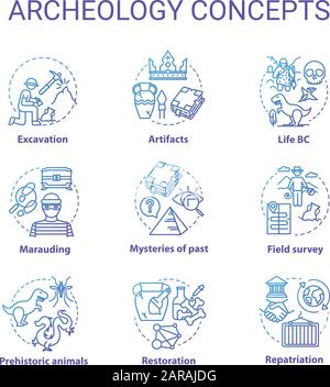 Set di icone di concetto Archelogy. Studiare la storia della civiltà. Tesoro caccia idea sottile linea RGB colori illustrazioni. Contorno isolato vettoriale dr Illustrazione Vettoriale