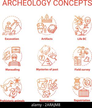 Set di icone di concetto Archelogy. Studiare la storia degli antichi manufatti. Scavi, conservazione dei valori idea sottile linea RGB illustrazioni a colori. Ve Illustrazione Vettoriale