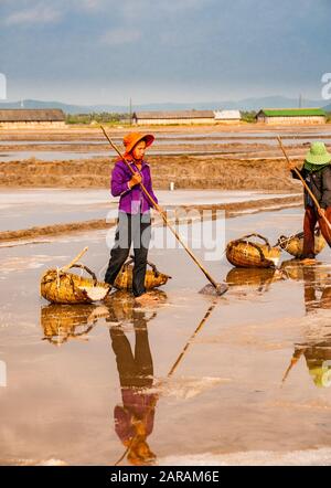 Due dei lavoratori di sesso femminile sale di raccolta nei campi intorno a Kampot, Cambogia. In piedi in una piscina di acqua con rastrelli e cesti. Foto Stock