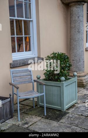 sedia e albero di baia in vaso fuori casa di campagna Foto Stock