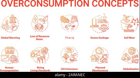 Icone di concetto di overconsumate impostate. Riscaldamento globale. Danni ecologici e ambientali. Consumismo idea sottile linea RGB illustrazioni a colori. iso vettore Illustrazione Vettoriale