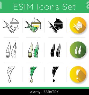 Set icone Aloe vera. Cosmetici Aloe vera. Lozione con erbe medicinali. Tubo a forma di foglia per crema naturale. Cura della pelle e di sé. Lineare, nero e RG Illustrazione Vettoriale