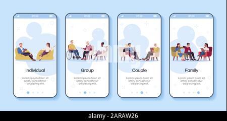 Consulenza psicologica onboarding mobile app schermo vettore modello. Gruppo, coppia, terapia familiare. Passaggi del sito Web di walkthrough con caratteri piatti. U Illustrazione Vettoriale