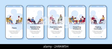 Consulenza psicologica onboarding mobile app schermo vettore modello. Problemi di relazione. Timori. Passaggi del sito Web di walkthrough con caratteri piatti. UX Illustrazione Vettoriale
