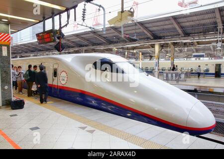 TOKYO, Giappone - 4 Maggio 2012: scheda di viaggiatori Shinkansen Hayate con il treno alla Stazione di Tokyo. Hayate ha la massima velocità operativa di 275km/h ed è tra le più veloci t Foto Stock