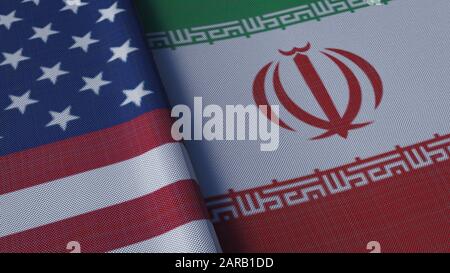 Stati Uniti d’America contro Iran, bandiere iraniane affiancate, bandiere di fiamma dell’America e dell’Iran, iraniani. Figura 3D Foto Stock