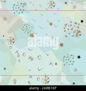 Modello senza cuciture con fiocchi di neve d'oro su fondo azzurro con piccoli punti. L'inverno. Disegnata a mano Design. Ottimo per wall art design, carta regalo, wra Illustrazione Vettoriale