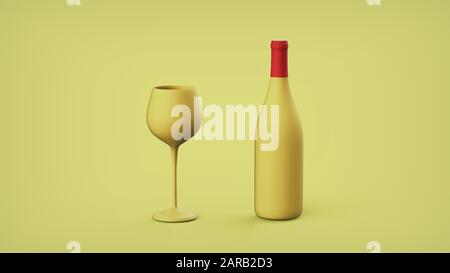 Bottiglia di vino e un bicchiere di vino su sfondo semplice. Illustrazione 3D minimalista Foto Stock