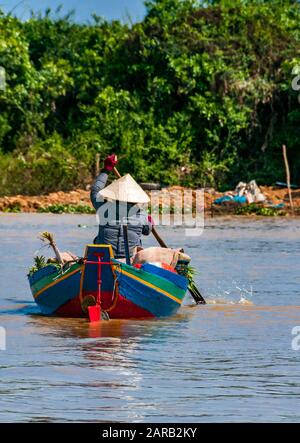 Una donna righe una colorata blu, rosso, verde e giallo barca con una fornitura di frutta e verdura in Chong Kneas, Lago Tonle Sap, in Cambogia. Foto Stock