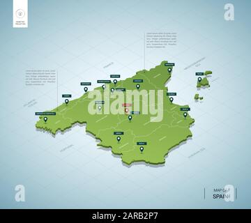 Mappa stilizzata della Spagna. Mappa verde isometrica 3D con città, confini, capitale Madrid, regioni. Illustrazione del vettore. Livelli modificabili chiaramente etichettati. Inglese Illustrazione Vettoriale