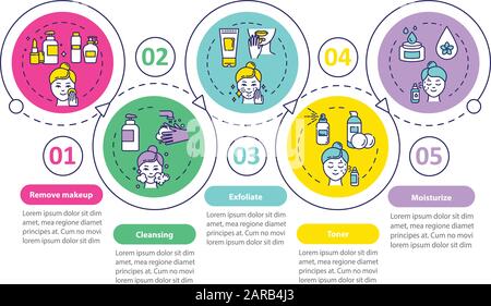 Modello infografico vettoriale per la cura della pelle. Pulizia, esfoliante. Rimuovere gli elementi di progettazione della presentazione per il trucco. Visualizzazione dei dati con 5 passaggi. elabora tim Illustrazione Vettoriale