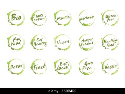 Set Di Simboli Per Alimenti Sani. Vector Bio, Naturale, Biologico, Vegetariano, Senza Glutine, Crudo, Mangiare, Vegano, Prodotto, Detox, Fresco Illustrazione Vettoriale
