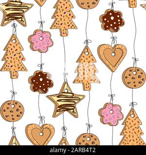 Pattern senza soluzione di continuità con diversi tipi di cookie fatti in casa appesi sui thread Illustrazione Vettoriale