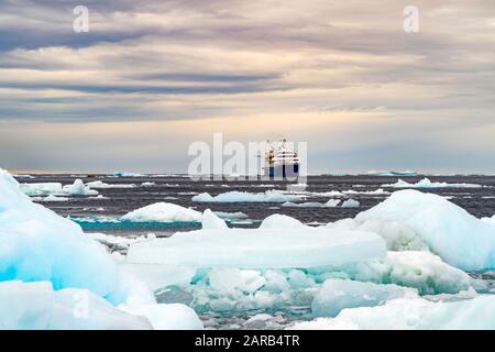 Nave da crociera per passeggeri antartici al largo delle coste ghiacciate dell'Antartide (Ocean Diamond Quark Expeditions) Foto Stock