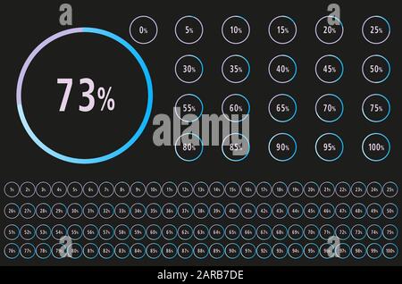 Serie di diagrammi percentuali 0-100 del cerchio pronti per l'uso per infografica, web design e ux, ui, con linea blu - Illustrazione vettoriale Illustrazione Vettoriale