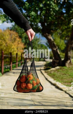 Uomo che tiene una borsa da shopping riutilizzabile in mesh con arance appena raccolte. Concetto di zero sprechi. Giornata di sole Foto Stock