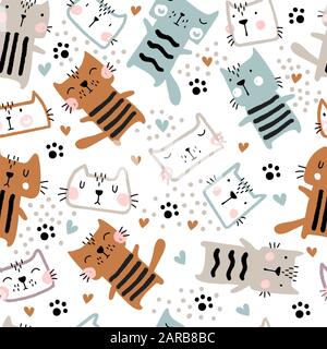 Modello infantile senza cuciture con gatti arte carino. Illustrazione Vettoriale