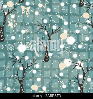 Seamless pattern invernale con disegnati a mano orso, abete rosso, foglie di fiocchi di neve. Inverno/Merry Christmas Collection. Ottimo per gli sfondi, la carta di avvolgimento, PRI Illustrazione Vettoriale