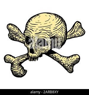 Disegno a mano di un cranio di un uomo morto, con le ossa, su uno sfondo bianco. Illustrazione vettoriale. Illustrazione Vettoriale