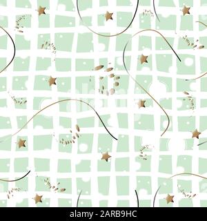 Modello senza cuciture con puntini dorati, gli spruzzi di vernice, curve, cerchi, spazzola di inchiostro, ecc. Disegnata a mano Design. Ottimo per wall art design, carta regalo, confezionamento Illustrazione Vettoriale