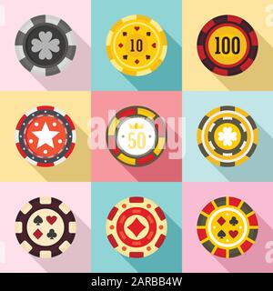 Set icone fiches casinò. Set piatto di icone vettoriali di fiches da casinò per il web design Illustrazione Vettoriale
