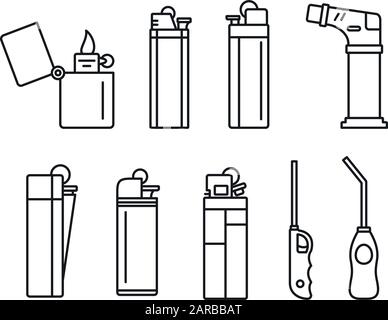 Set di icone dell'accendisigari. Contorno di icone vettoriali per accendisigari a fiamma per disegno web isolato su sfondo bianco Illustrazione Vettoriale