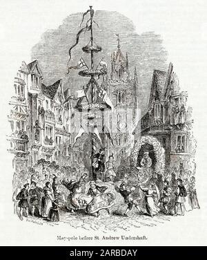 L'anno dei Poeti -- Maypole fuori St Andrew Undershaft nella città di Londra, con le persone che ballano intorno ad esso, per illustrare una serie di poesie sul tema. Data: 1845 Foto Stock