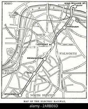 Mappa delle stazioni della metropolitana e della metropolitana che collegano la City alla zona sud di Londra. Le linee esterne sono la London & South Western Railway e la London Chatham & dover Railway, che serve London Bridge, Cannon Street, Waterloo e Charing Cross. La linea della metropolitana fu chiamata City Line (ora parte della Northern Line), che andava da City (ora Bank) a Stockwell, passando per Borough, Elephant & Castle, Kennington e Oval. Foto Stock