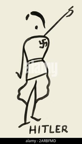 Cartolina britannica disegnata a mano, Adolf Hitler, seconda guerra mondiale, propaganda anti-nazista. Foto Stock