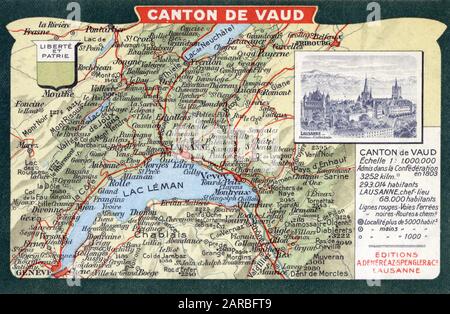 Mappa del Cantone di Vaud, Svizzera, tra cui Vevey, Losanna e Lac Leman. Foto Stock