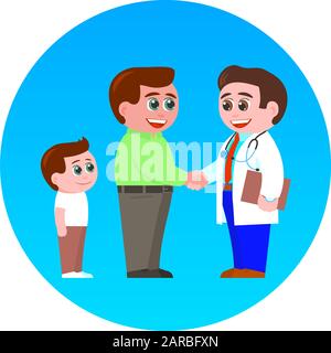 La famiglia incontra un medico. Padre scuote le mani con un pediatra uomo in una mano bianca. Un piccolo figlio è in piedi dietro. Tutti sorridono. Cartoon vect Illustrazione Vettoriale