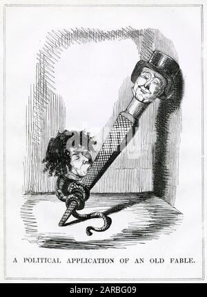 Cartoon, A Political Application of an Old Fable - un commento satirico sugli attacchi di Benjamin Disraeli al primo ministro, Sir Robert Peel. Foto Stock