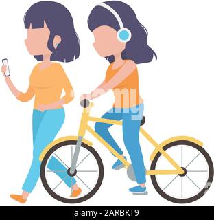 giovani donne con smartphone e cuffie da bicicletta illustrazione vettoriale Illustrazione Vettoriale