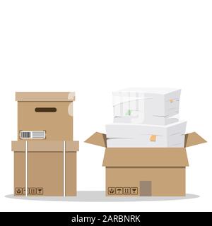 Scatole di cartone con segni fragili e nastro adesivo. Carico. In Movimento. Illustrazione Vettoriale