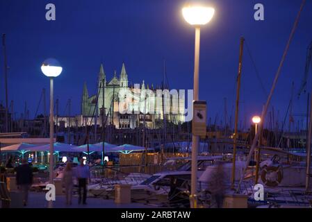 10 ottobre 2019, Spagna, Palma: Vista dal porto turistico alla Cattedrale di Santa Maria a Palma di Maiorca. Foto: Stephan Schulz/dpa-Zentralbild/ZB Foto Stock