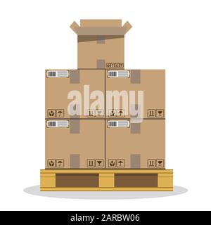 Carico. Scatole di cartone con segni fragili e nastro adesivo. In Movimento. Illustrazione del vettore Illustrazione Vettoriale