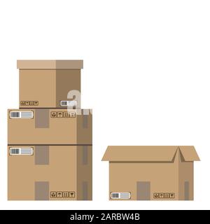Carico. Scatole di cartone con segni fragili e nastro adesivo. In Movimento. Illustrazione del vettore Illustrazione Vettoriale