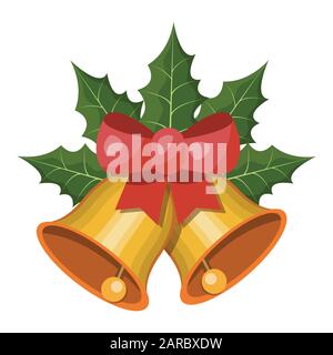 Campane di Natale. Campanelli di jingle o campanelli di slitta. Con arco rosso e natale Holly. Illustrazione vettore cartone animato. Illustrazione Vettoriale